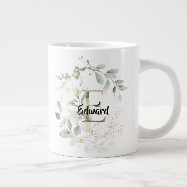 Green w Gold Leaves Monogram Initial 'E' Name Large Coffee Mug (Right)