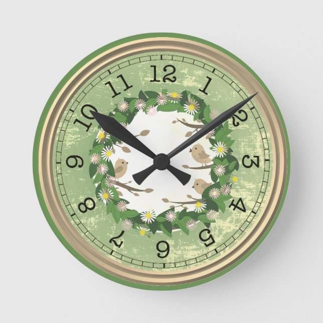 Green Wall Clock with Birds and Flowers (Front)