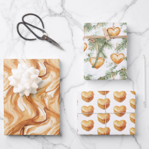 Green Warm Creamy Caramel Hearts Christmas Tree  Wrapping Paper Sheet