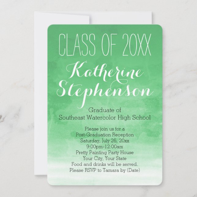 Green Wash Watercolor Graduation Party Invitation (Front)