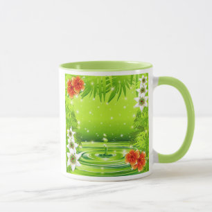 Green Water Bamboo and Tropical Flowers Mug