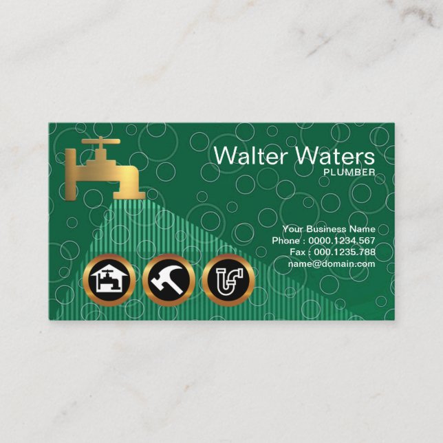 Green Water Bubbles Plumber Flowing Icons Gold Tap Business Card (Front)