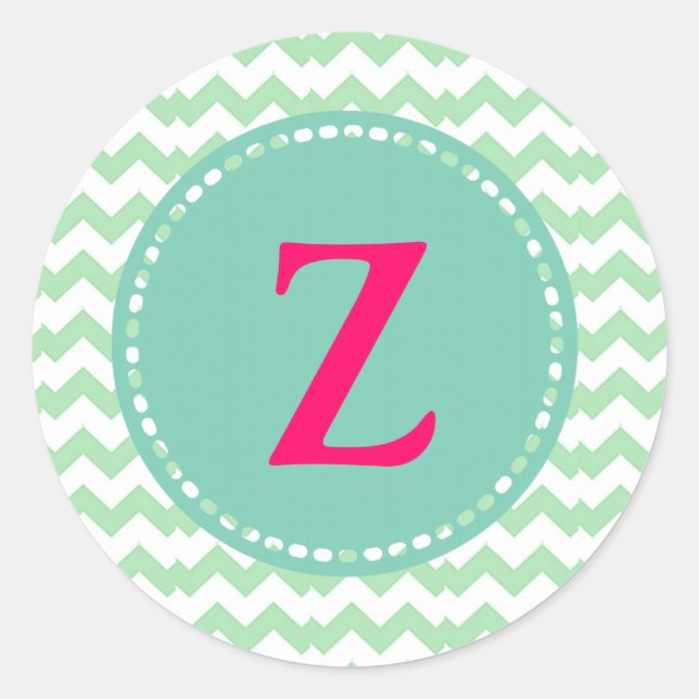 Green water Chevron, Editable monogram Classic Round Sticker (Front)