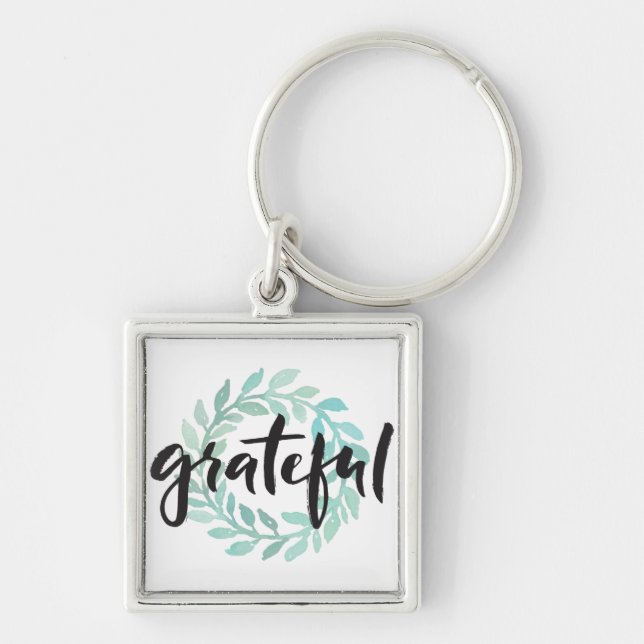 Green Water Colour Grateful Wreath Fall Gratitude Key Ring (Front)