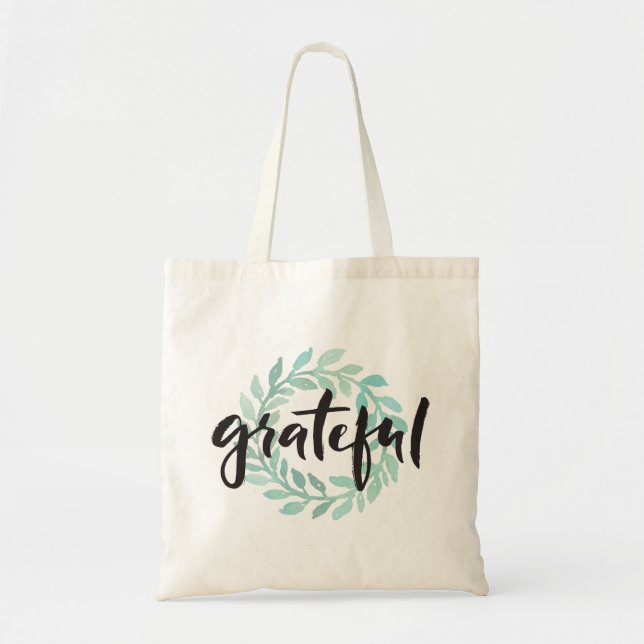 Green Water Colour Grateful Wreath Fall Gratitude Tote Bag (Front)