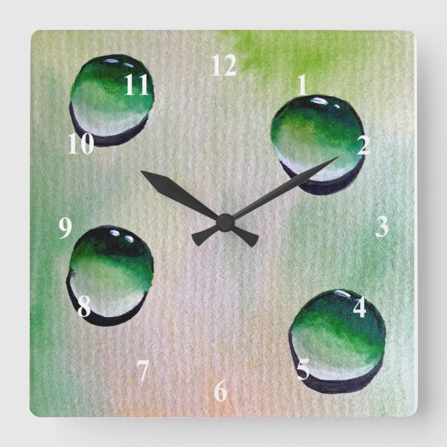 Green water drops art square wall clock (Front)