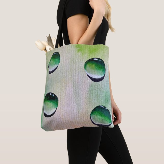 Green water drops art tote bag (Close Up)