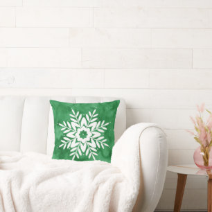 Green Watercolor Abstract Snowflake Cushion
