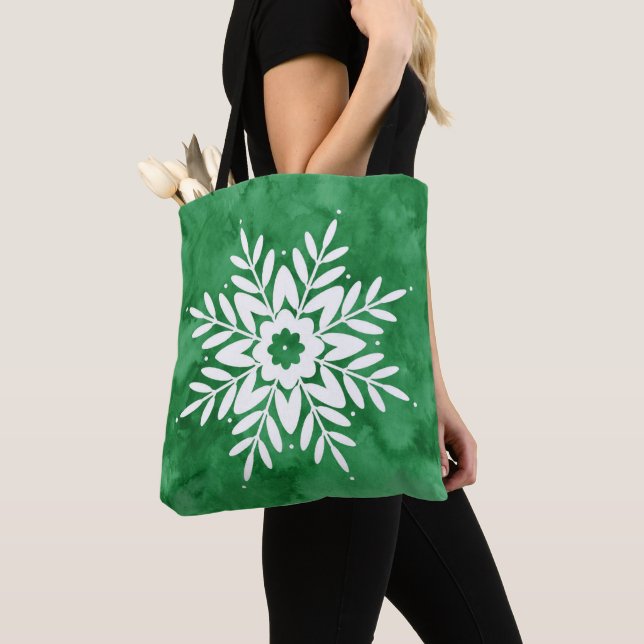 Green Watercolor Abstract Snowflake Tote Bag (Close Up)