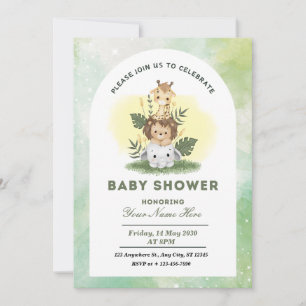 Green Watercolor Animals Baby Shower Boy Invitation