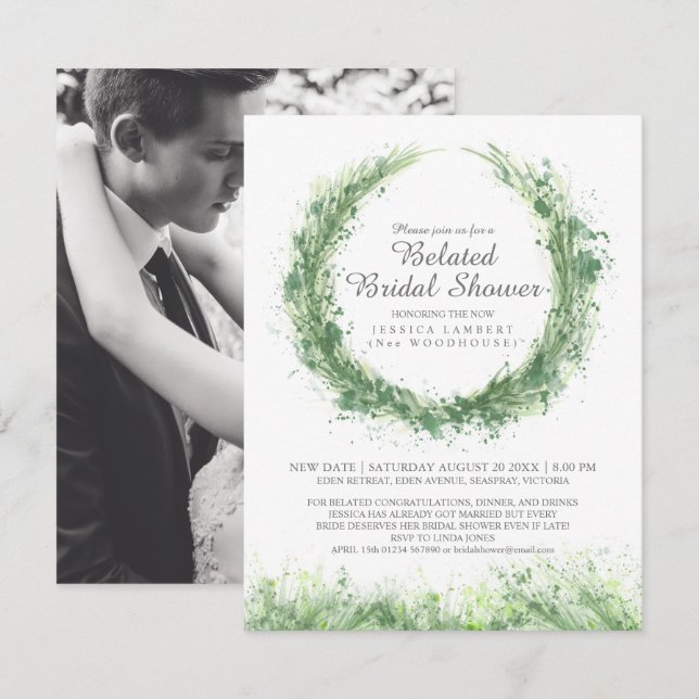 Green watercolor art splat belated bridal shower invitation (Front/Back)