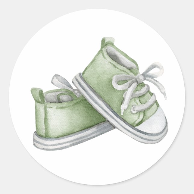Green Watercolor Baby Booties Baby Shower Classic Round Sticker (Front)