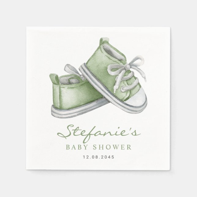 Green Watercolor Baby Booties Baby Shower Napkin (Front)