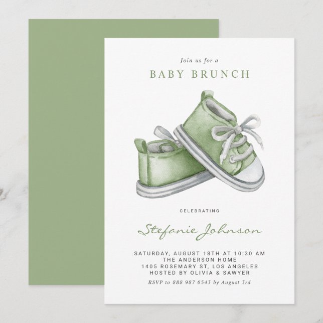 Green Watercolor Baby Shoes Baby Brunch Invitation (Front/Back)