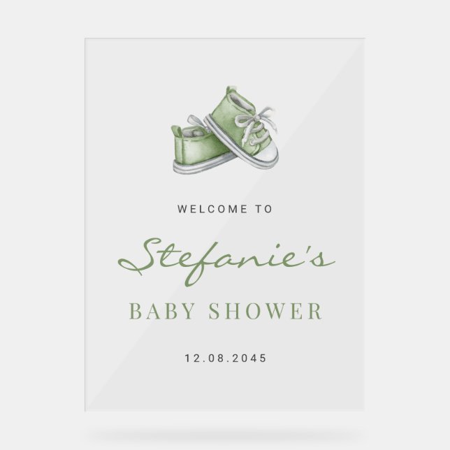 Green Watercolor Baby Shoes Baby Shower Acrylic Sign (Front)