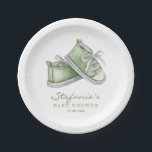 Green Watercolor Baby Shoes Baby Shower Paper Plate<br><div class="desc">Hello baby! Invite guests to your event with these customisable baby shower paper plates. It features watercolor illustration of adorable green baby booties. Personalise by adding your details. These green baby shower paper plates are perfect for gender-neutral baby showers.</div>