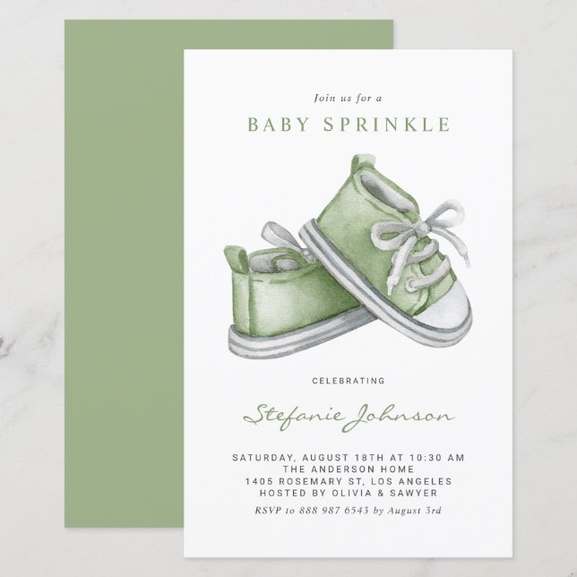 Green Watercolor Baby Shoes Baby Sprinkle Invite (Front/Back)