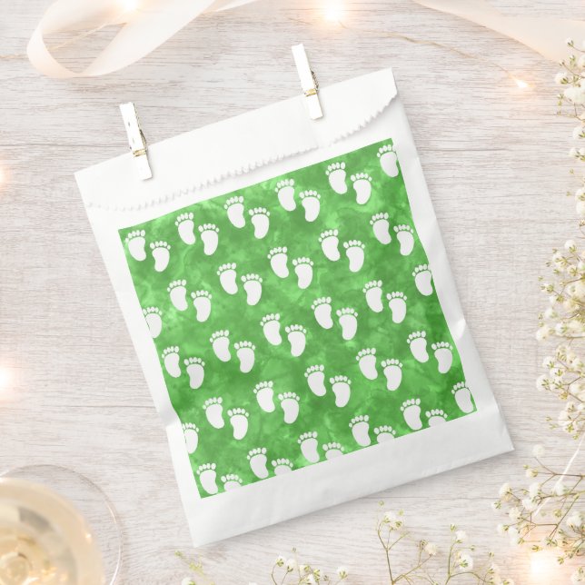 Green Watercolor Baby Shower Footprint Pattern Favour Bags (Clipped)