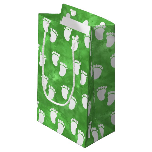 Green Watercolor Baby Shower Footprint Pattern Small Gift Bag (Front Angled)