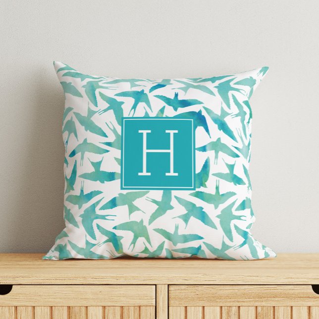 Green Watercolor Birds Monogrammed Cushion (Creator Uploaded)