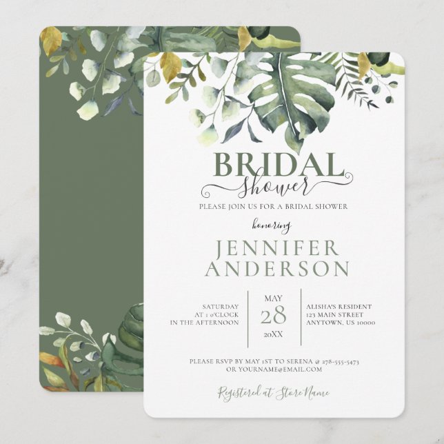 Green Watercolor Botanical Bridal Shower Invitation (Front/Back)