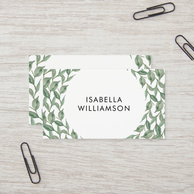 Green Watercolor Botanical Laurel Wreath Modern Business Card (Front/Back In Situ)