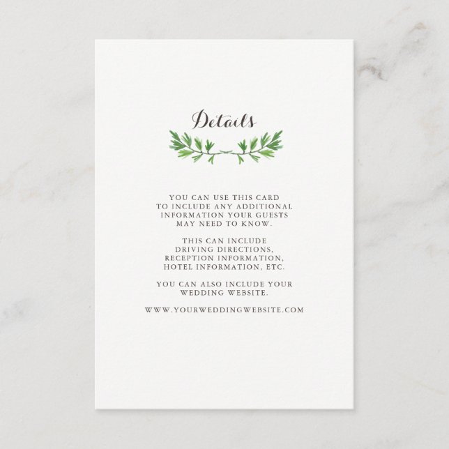 Green Watercolor Botanical Leaves Guest Details Enclosure Card (Front)