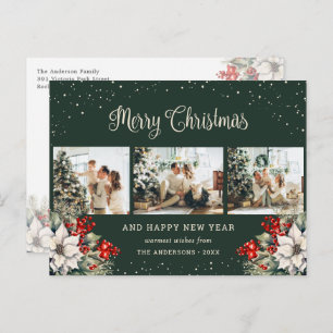 Green Watercolor Botanical Snow Photo Collage Holiday Postcard