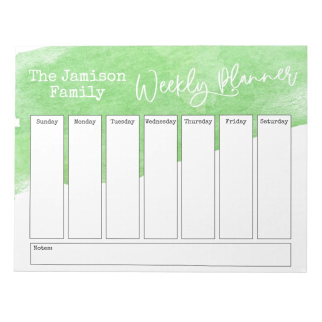 Green Watercolor Brushstroke Weekly Planner Notepad (Front)