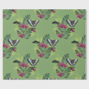 Green Watercolor Butterfly Floral Wrapping Paper