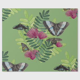 Green Watercolor Butterfly Floral Wrapping Paper