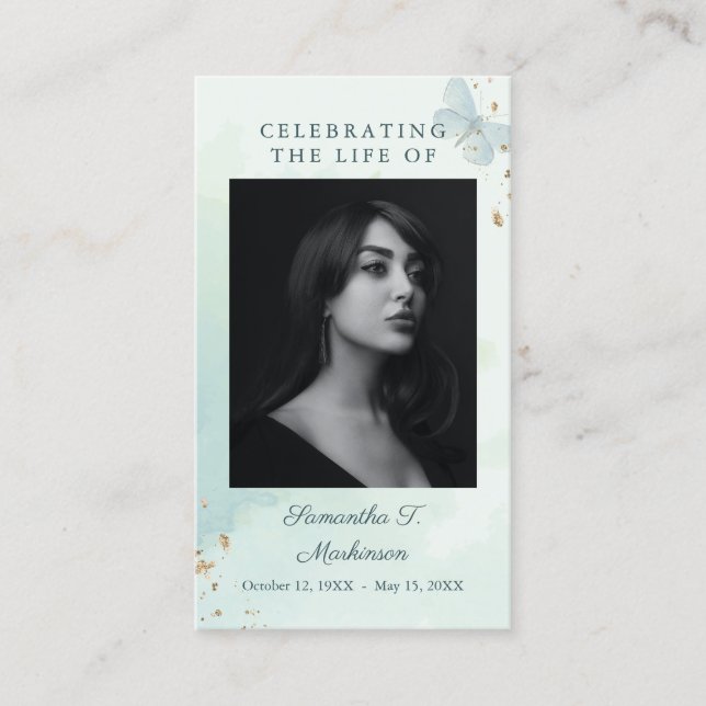 Green Watercolor Butterfly Funeral Prayer Card (Front)