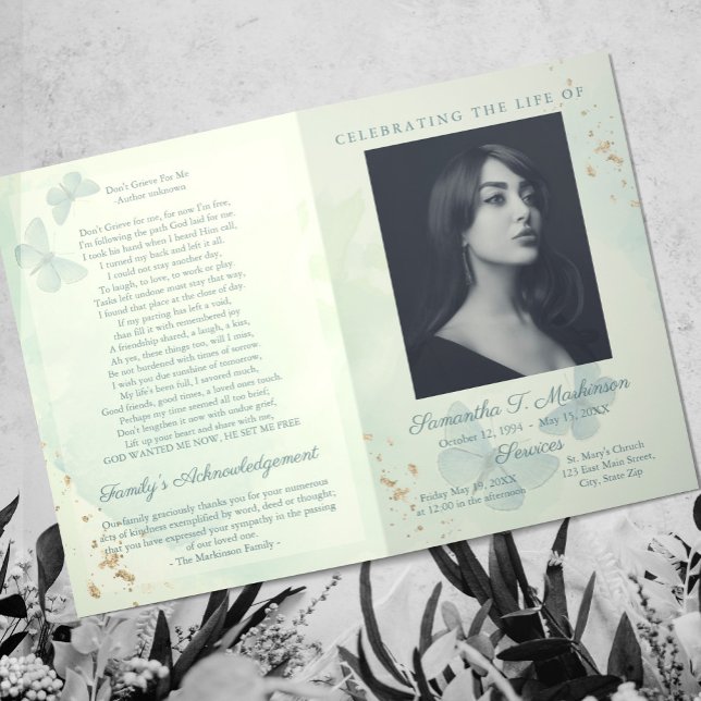 Green Watercolor Butterfly Funeral Services Programme (Creator Uploaded)