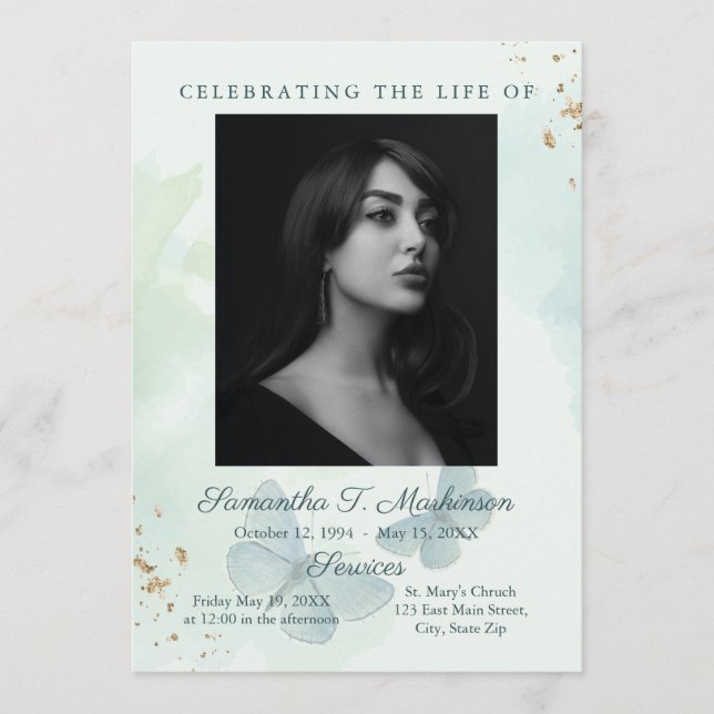 Green Watercolor Butterfly Funeral Services Programme (Front)