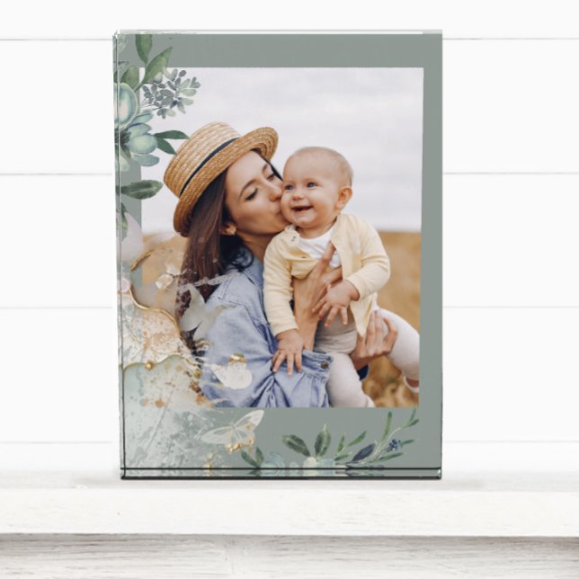 Green Watercolor Butterfly Mum Photo Block (Creator Uploaded)