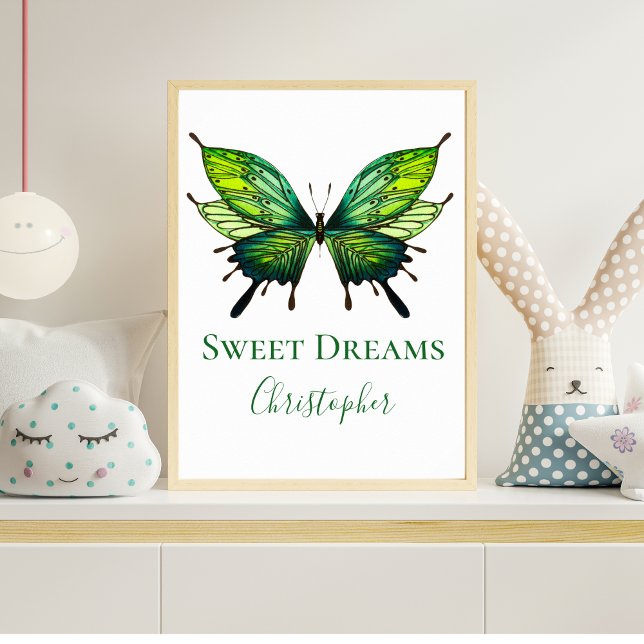 Green Watercolor Butterfly Nursery Wall Art Poster (Green Butterfly Sweet Dreams Nursery Wall Art Personalized)