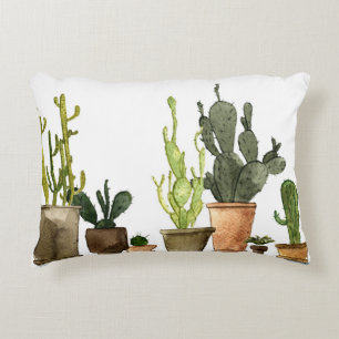 Green Watercolor Cacti: Hand Drawn Pots Decorative Cushion