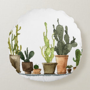 Green Watercolor Cacti: Hand Drawn Pots Round Cushion