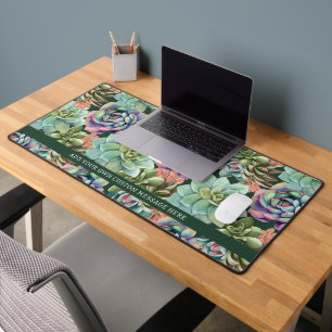 Green Watercolor Cacti Succulent  Personalized  Desk Mat