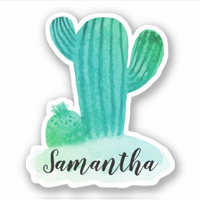 Green Watercolor Cactus Name (Front)