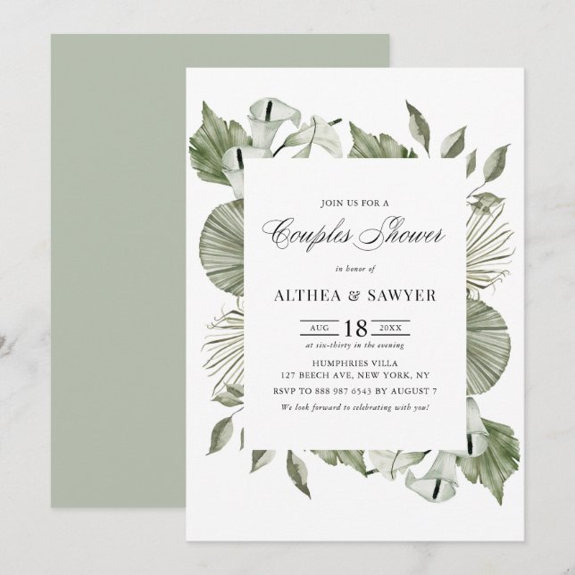 Green Watercolor Calla Lily Summer Couples Shower Invitation (Front/Back)