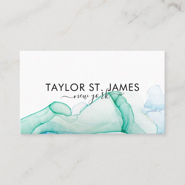 Green Watercolor Calligraphy Painting Splatter Business Card (Front)