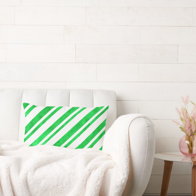 Green Watercolor Candy Cane Stripes Lumbar Cushion (Couch)