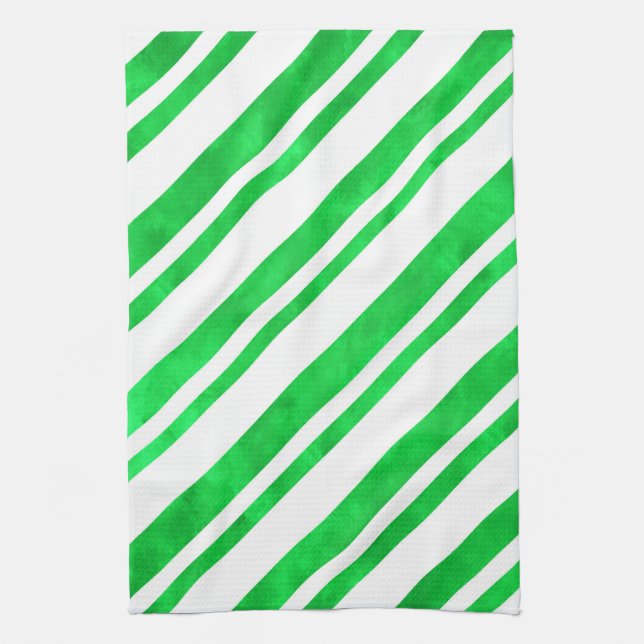 Green Watercolor Candy Cane Stripes Tea Towel (Vertical)