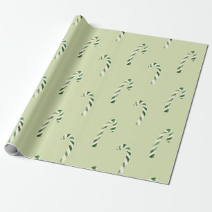 Green Watercolor Candy Canes Christmas Pattern Wrapping Paper
