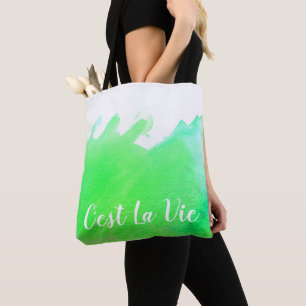 Green watercolor C'est La Vie French quote chic Tote Bag