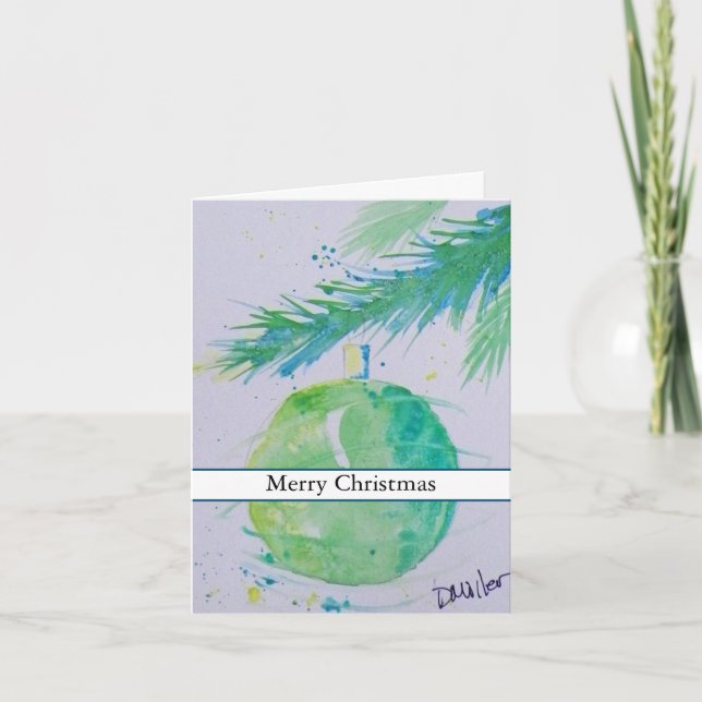 Green Watercolor Christmas Ball Card (Front)