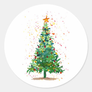 Green Watercolor Christmas Tree Classic Round Sticker