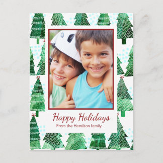 Green Watercolor Christmas Tree Photo Greeting Holiday Postcard