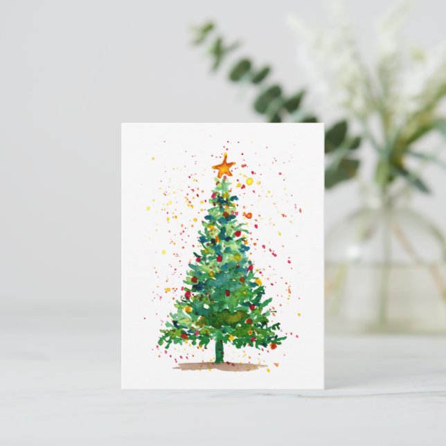 Green Watercolor Christmas Tree Postcard (Standing Front)